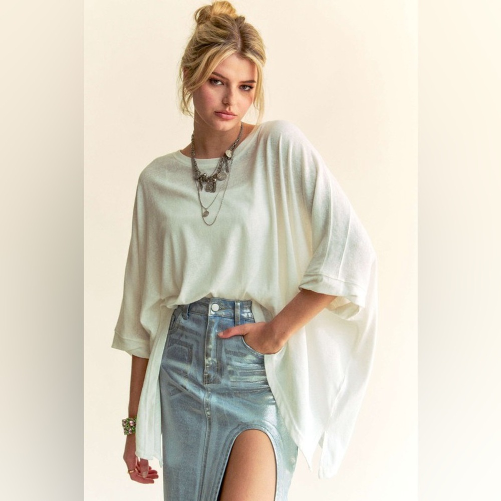 345B-WHITE. Cotton Oversized Drop Shoulder Side Slit Top